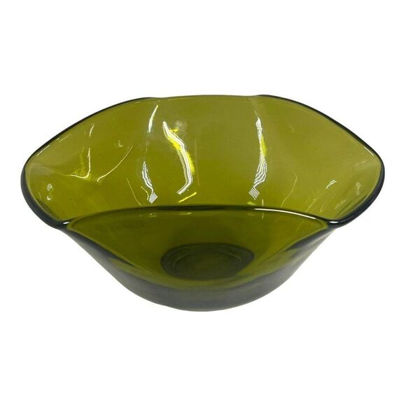 Vintage MCM Avacado Green Glass Folded Sides Serving Chip Bowl 9” Boho Retro - Picture 4 of 9